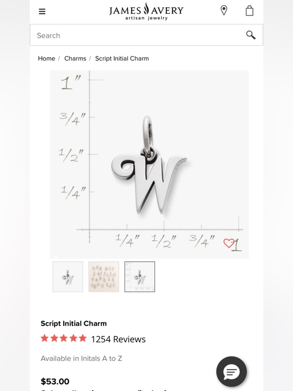 James Avery Script Initial W Charm Silver